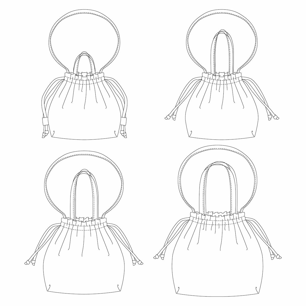 Dessins techniques du sac bourse Manhattan en plusieurs versions d'anses – patron de couture Ikatee
