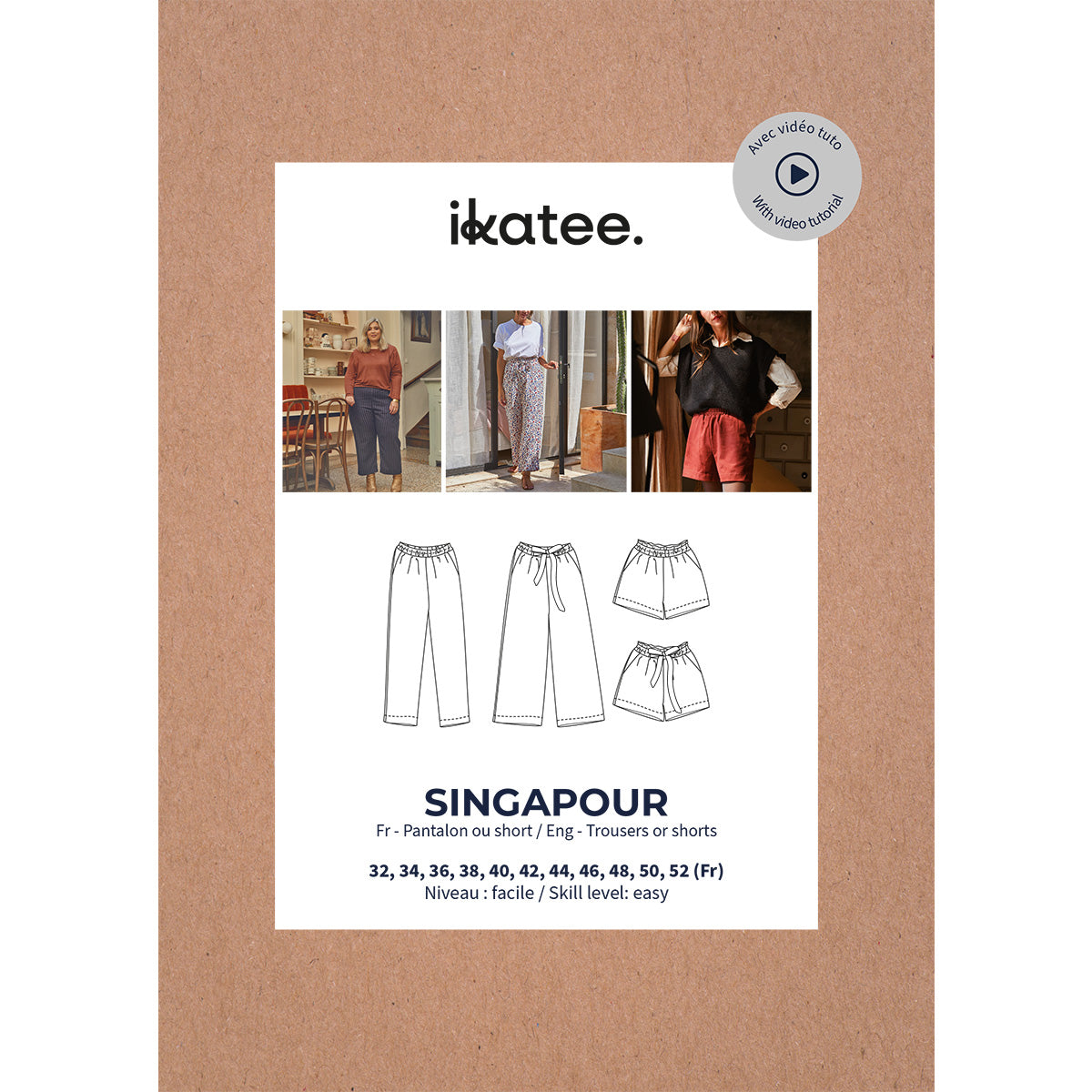 Patron pochette du kit couture pantalon Singapour en viscose fleurie Flora Viva, tailles 32 à 52