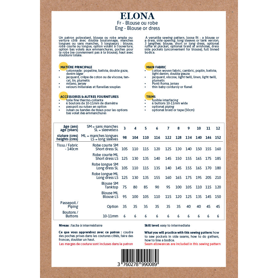 Patron de robe et de blouse pour fille format papier